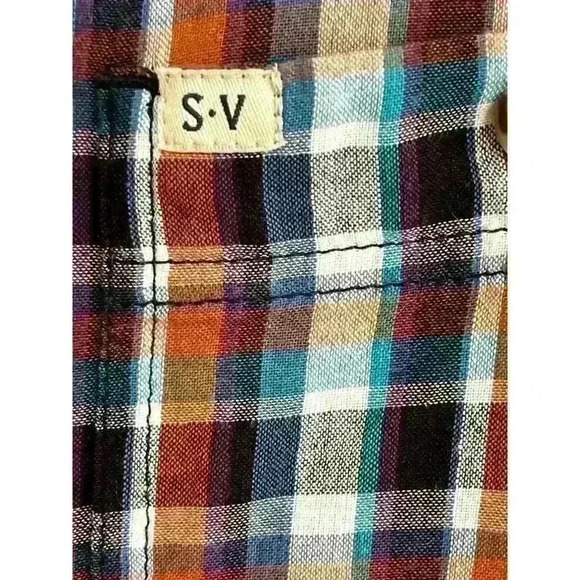 Salt Valley Men's Size LRG Plaid Button Up Shirt Navy Brown Pockets Thin Cotton - Picture 6 of 13